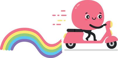 Cute pink character riding a scooter with a colorful rainbow trail in a minimal illustration vector