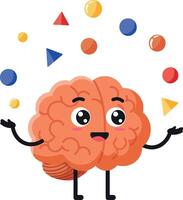 A cheerful brain character juggling colorful shapes in a playful, flat design illustration vector