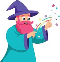 Cheerful wizard casting colorful magic spells in a flat illustration vector