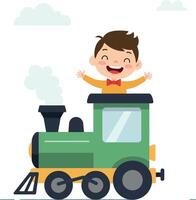A cheerful boy enjoying a ride on a colorful train in flat art vector