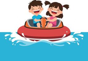Two children enjoying a fun ride in a red bumper boat on a bright blue water surface illustration vector