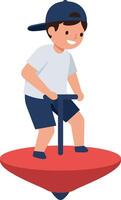 Boy joyfully spinning on a red top while wearing a cap in flat art vector