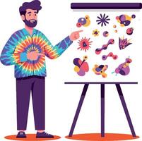 A man in a colorful tie-dye sweater presenting abstract shapes on an easel in flat art vector