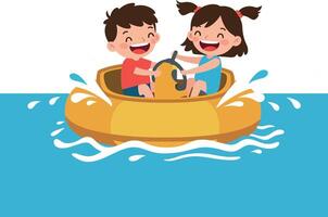 Two joyful children paddling in a yellow boat on blue water in flat illustration vector