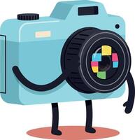 Cute cartoon camera character with arms and legs in flat art style vector