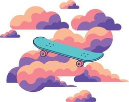 Skateboard soaring through colorful clouds in a flat design art vector