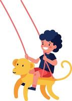 A joyful child riding a playful lion in a flat, colorful illustration vector