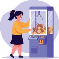 Happy girl interacting with a colorful claw machine in a playful environment, flat art vector