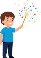 Cheerful boy waving a magic wand creating colorful sparkles in flat art vector