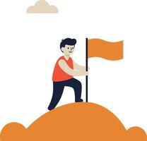 Man climbing a hill while proudly holding an orange flag in a minimal illustration vector