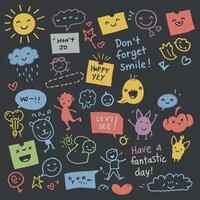 Colorful doodles of smiling faces and cheerful phrases in a playful, minimal style illustration vector