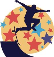 Skateboarder performing an impressive trick in a vibrant flat art scene with colorful stars vector