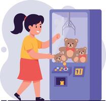 A girl excitedly playing with a claw machine filled with teddy bears in a colorful flat illustration vector