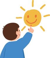 A cheerful boy pointing at a smiling sun in a flat design illustration vector