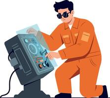 Technician in an orange jumpsuit operating a control panel in a flat illustration vector