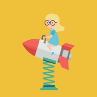 Girl with glasses joyfully riding a spring rocket in a flat, colorful illustration vector