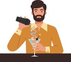Bartender mixing a cocktail with a shaker in a cozy bar, flat art vector
