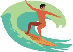 Surfer riding a vibrant green wave in a dynamic flat art style vector