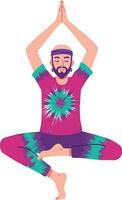 Man practicing yoga in a vibrant tie-dye outfit, showcasing balance and serenity in flat art vector