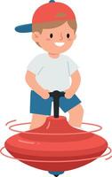A joyful boy playing with a red spinning top in a flat design illustration vector