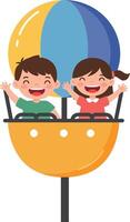 Two joyful children riding a colorful hot air balloon in flat art vector