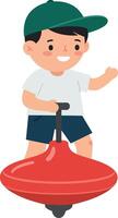 A cheerful boy in a green cap playing with a spinning top in a flat illustration vector