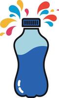 Bright blue soda bottle with colorful splashes in a flat illustration vector