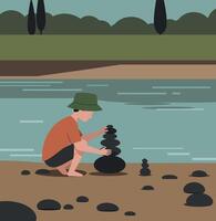A boy stacking smooth stones by a calm river in flat art vector