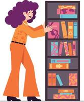 A woman in vibrant attire organizing colorful books on a shelf in flat art vector