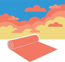 Vibrant sunset clouds above a rolled-out coral yoga mat in minimal art vector
