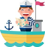 Cheerful sailor reading a map on a bright yellow boat in flat art vector