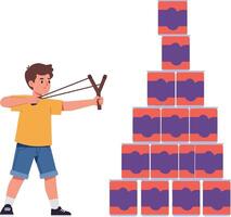 A young boy aiming a slingshot at a stack of colorful boxes in playful flat art vector