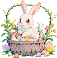 Bunny With Wooden Basket of Rainbow Eggs png