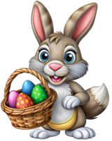 Rabbit Bringing Basket Full of Multicolored Eggs png