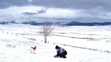 Mom with a small child make snowballs and throw them at each other video