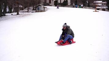 Dad with a small child slides down a snowy hill on a sled video