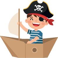 A cheerful boy dressed as a pirate steering a cardboard boat in a playful flat illustration vector