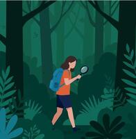 A girl exploring a lush forest with a magnifying glass in a flat illustration vector