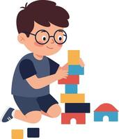 A young boy building colorful blocks while sitting on the floor in a playful, minimal illustration vector