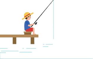 A young boy fishing from a wooden dock in a minimal flat design illustration vector