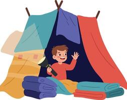 A cheerful boy in a colorful blanket fort using a flashlight in a playful, minimal illustration vector