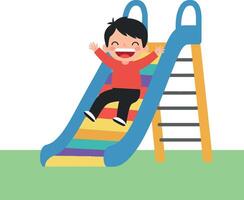 A joyful boy sliding down a colorful play structure in flat art vector