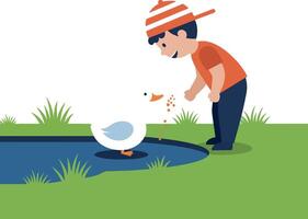 A young boy feeding a white duck at a pond in flat art vector