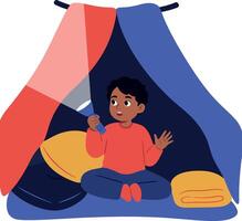 Child sitting inside a colorful blanket fort with a flashlight in a flat illustration vector