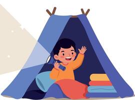 Happy child inside a colorful tent with a flashlight in a flat illustration vector