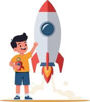 A happy boy with a toy rocket standing beside a colorful rocket ship in flat art vector