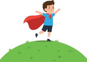A young boy wearing a red cape joyfully running on a grassy hill in flat art vector