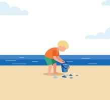 A young boy collecting seashells at the beach in a minimal, colorful illustration vector