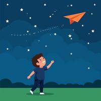 A joyful boy launching a paper airplane into the night sky in flat art vector