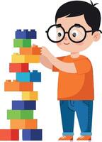 Young boy building a colorful tower with blocks in a flat illustration vector